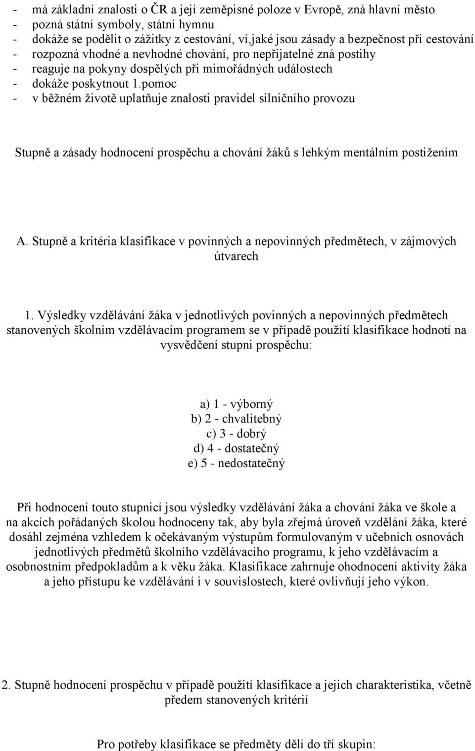 pomoc - v běžném životě uplatňuje znalosti pravidel silničního provozu Stupně a zásady hodnocení prospěchu a chování žáků s lehkým mentálním postižením A.