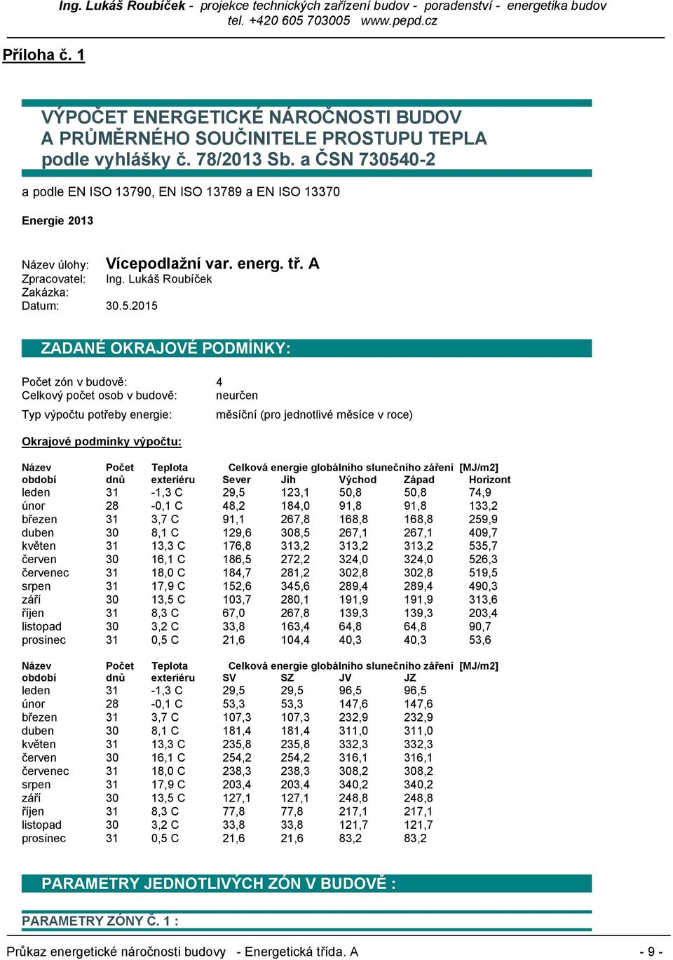 0-2 a podle EN ISO 13790, EN ISO 13789 a EN ISO 13370 Energie 2013 Vícepodlažní var. energ. tř. A Název úlohy: Zpracovatel: Ing. Lukáš Roubíček Zakázka: Datum: 30.5.