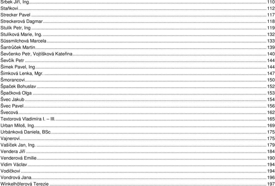 .. 150 Špaček Bohuslav... 152 Špačková Olga... 153 Švec Jakub... 154 Švec Pavel... 156 Švecová... 162 Textorová Vladimíra I. III.... 165 Urban Miloš, Ing.