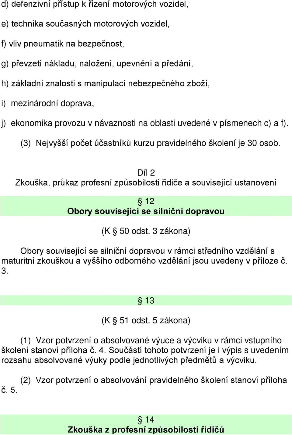 Díl 2 Zkouška, průkaz profesní způsobilosti řidiče a související ustanovení 12 Obory související se silniční dopravou (K 50 odst.