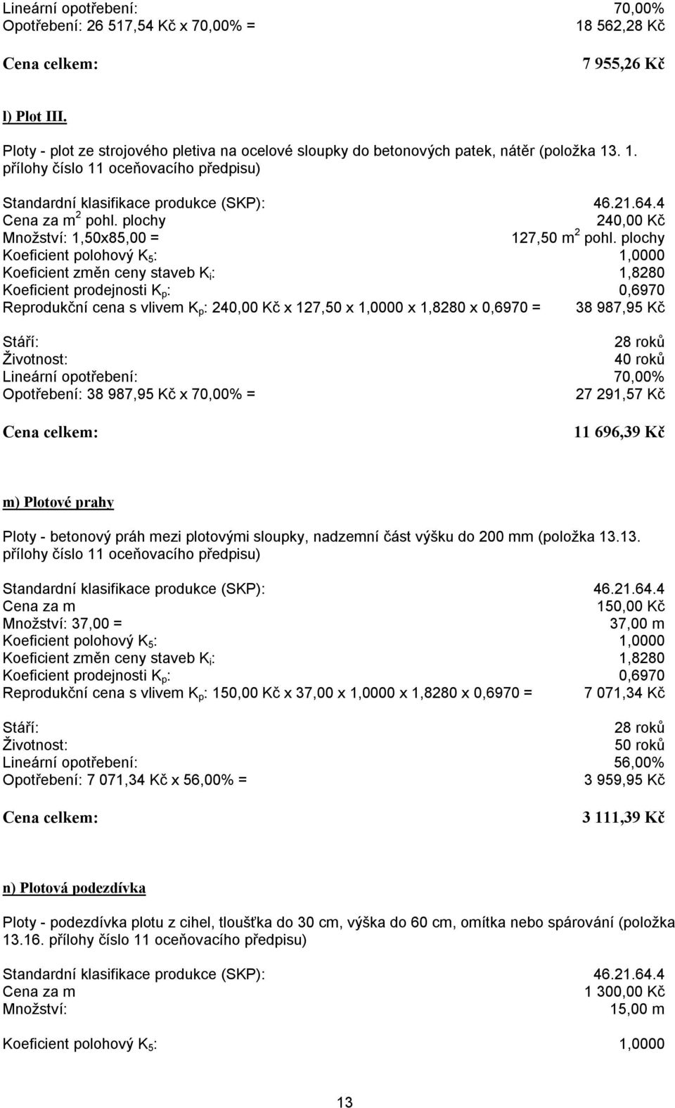 plochy Reprodukční cena s vlivem K p : 240,00 Kč x 127,50 x 1,0000 x 1,8280 x 0,6970 = 38 987,95 Kč 28 roků 40 roků Lineární opotřebení: 70,00% Opotřebení: 38 987,95 Kč x 70,00% = 27 291,57 Kč 11