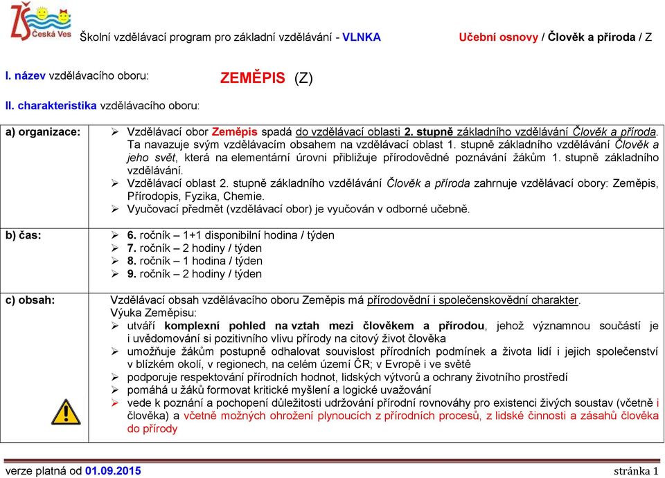 stupně základního vzdělávání. Vzdělávací oblast 2. stupně základního vzdělávání Člověk a příroda zahrnuje vzdělávací obory: Zeměpis, Přírodopis, Fyzika, Chemie.