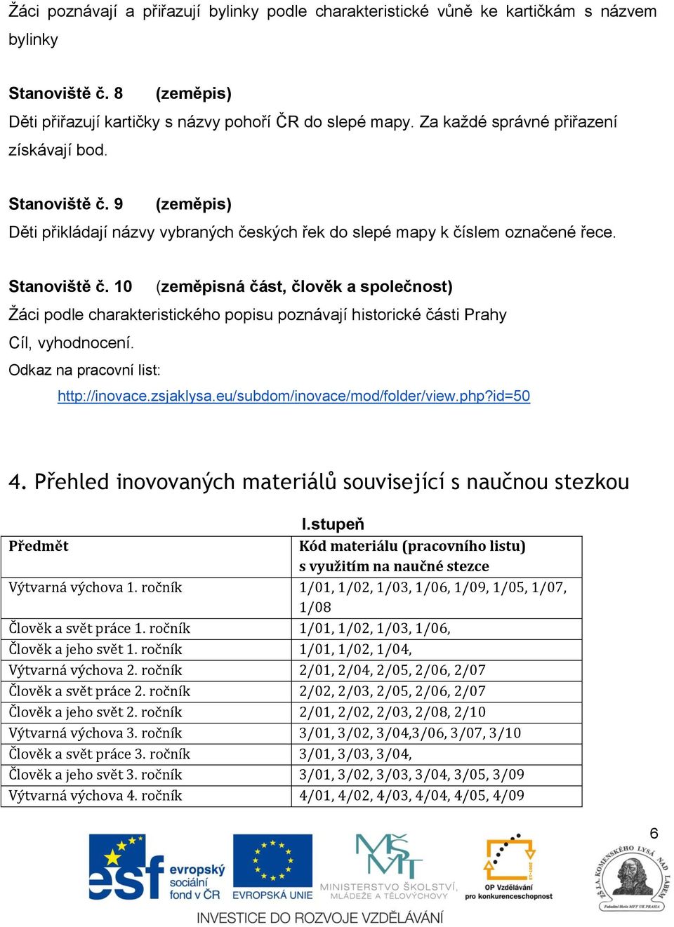 Odkaz na pracovní list: http://inovace.zsjaklysa.eu/subdom/inovace/mod/folder/view.php?id=50 4. Přehled inovovaných materiálů související s naučnou stezkou I.