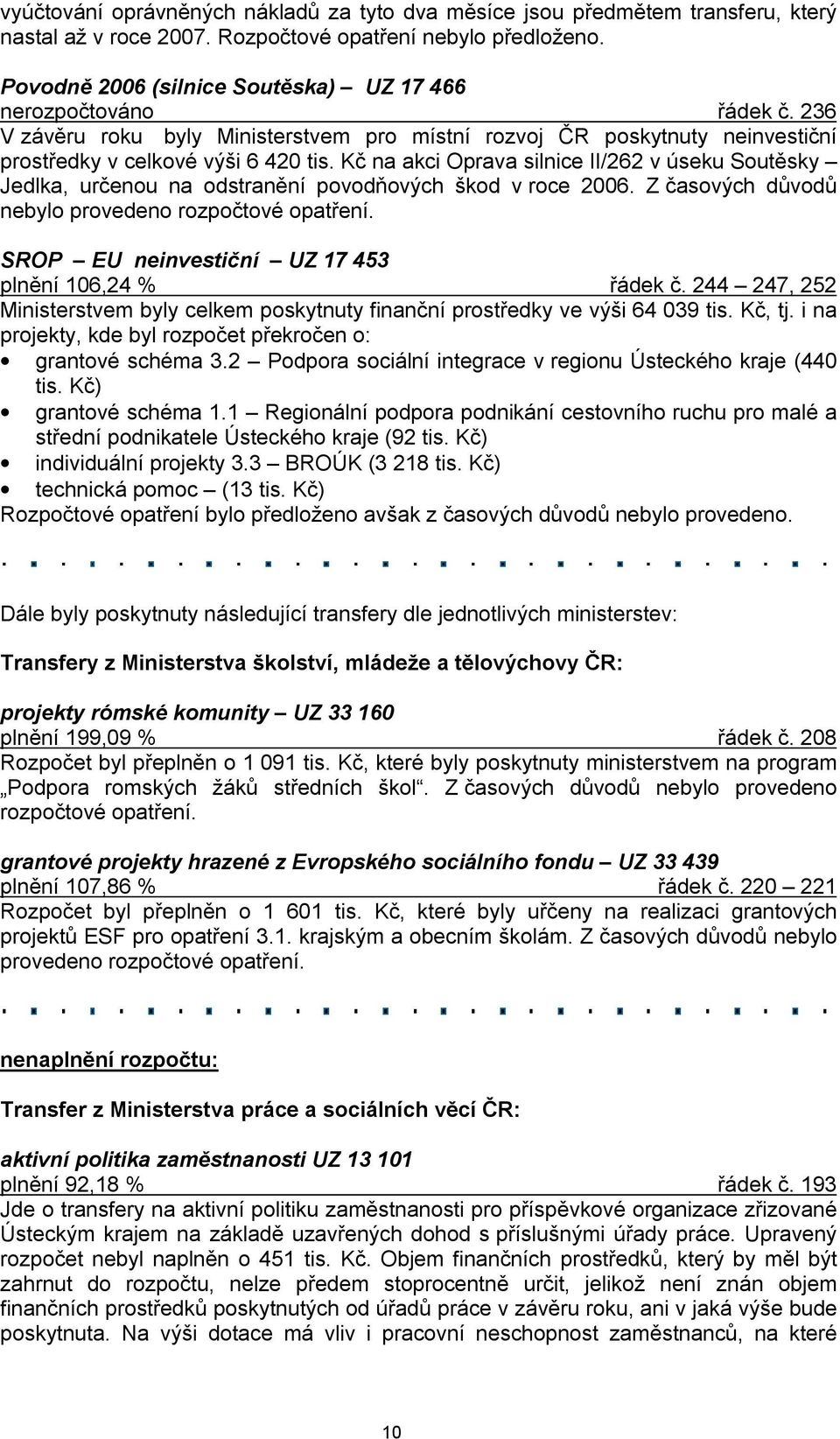 Kč na akci Oprava silnice II/262 v úseku Soutěsky Jedlka, určenou na odstranění povodňových škod v roce 2006. Z časových důvodů nebylo provedeno rozpočtové opatření.