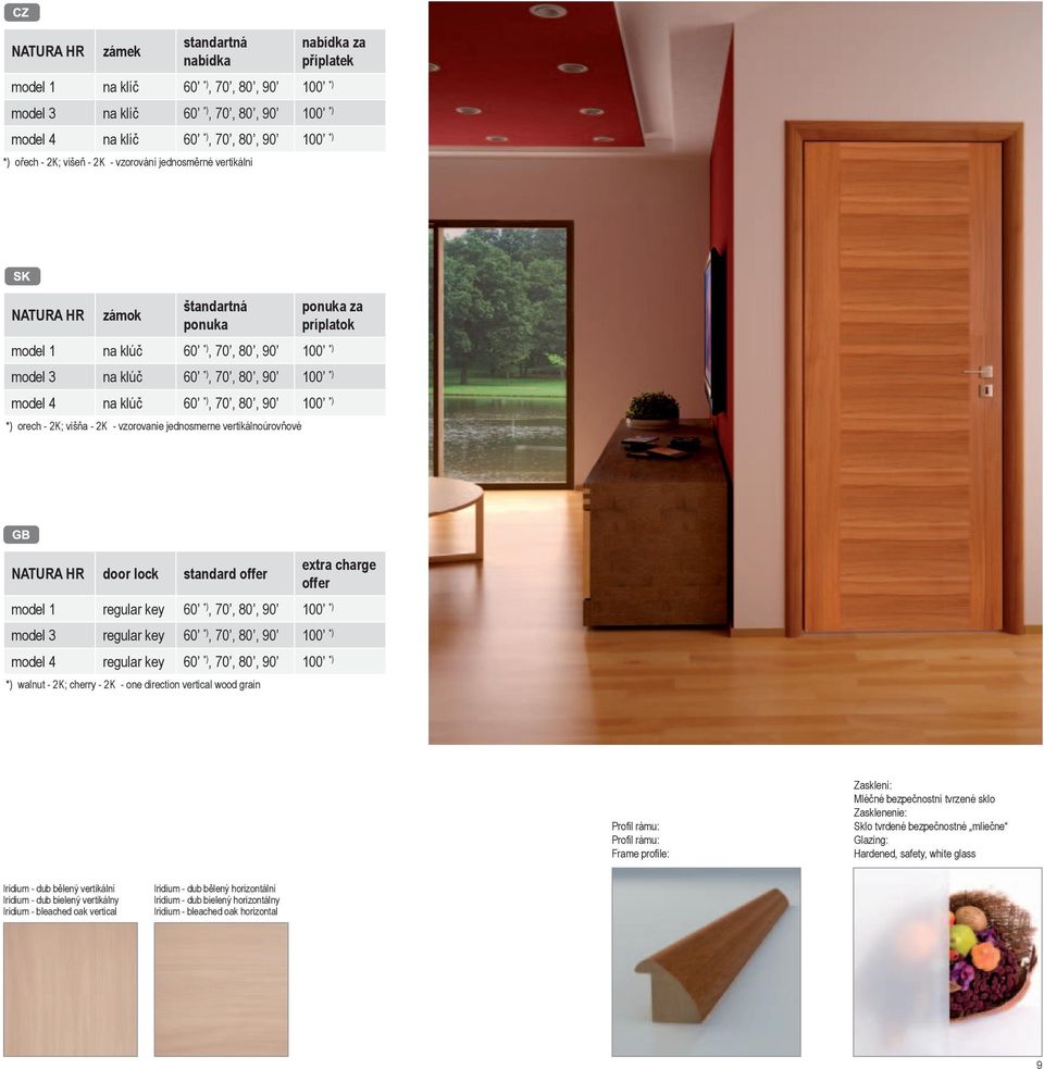 70, 80, 90 100 *) *) orech - 2K; višňa - 2K - vzorovanie jednosmerne vertikálnoúrovňové NATURA HR door lock standard offer extra charge offer model 1 regular key 60 *), 70, 80, 90 100 *) model 3