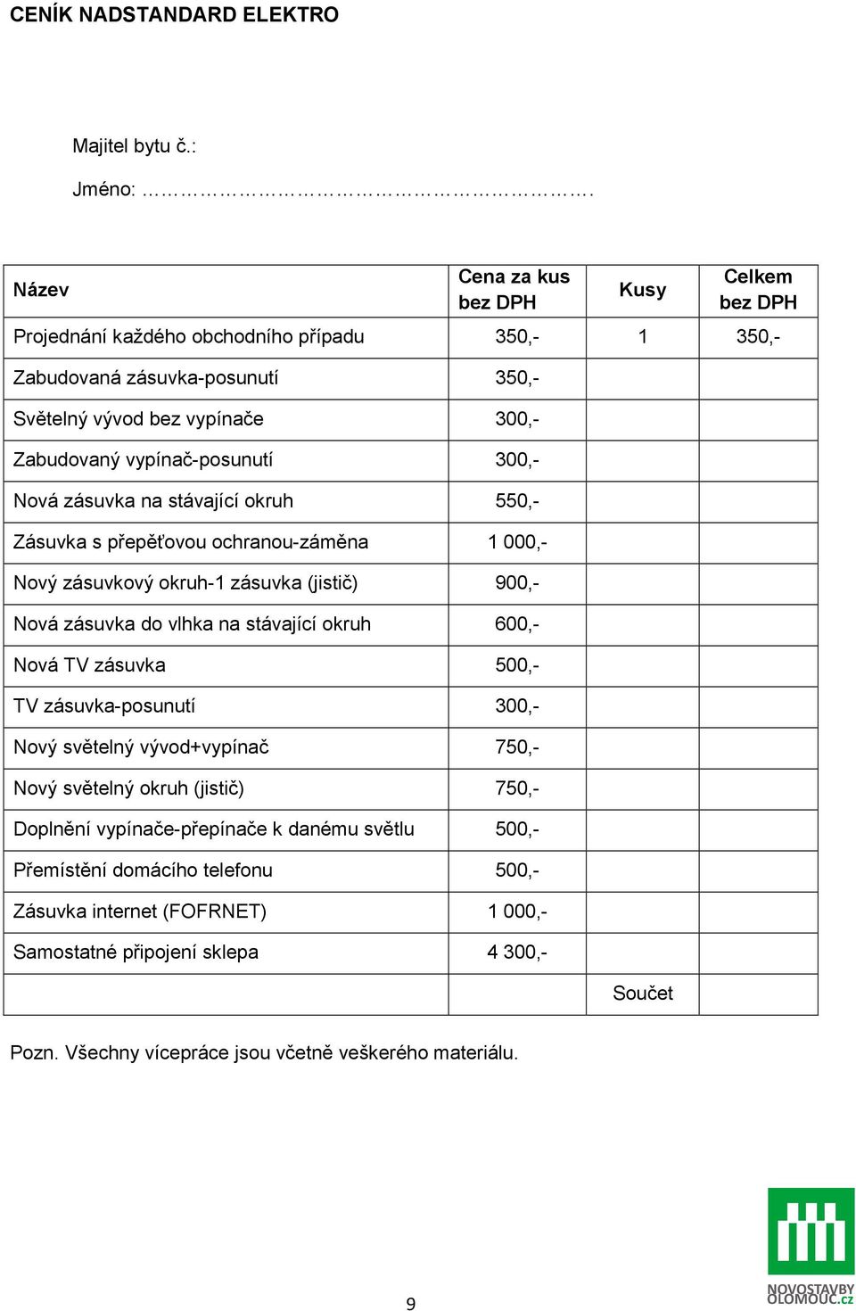 vypínač-posunutí 300,- Nová zásuvka na stávající okruh 550,- Zásuvka s přepěťovou ochranou-záměna 1 000,- Nový zásuvkový okruh-1 zásuvka (jistič) 900,- Nová zásuvka do vlhka na stávající