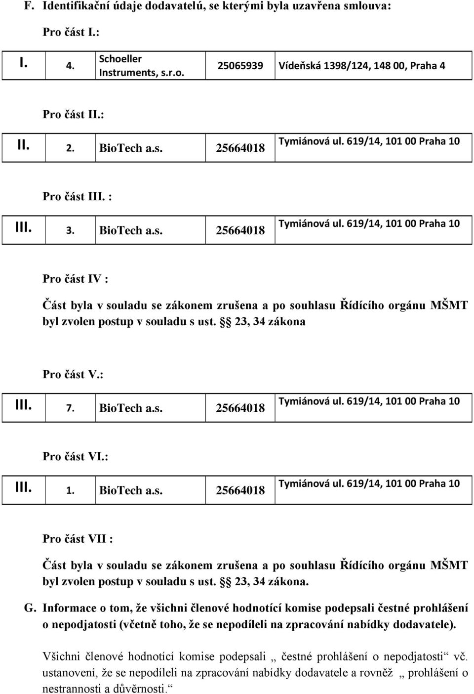 : III. 1. BioTech a.s. 25664018 Pro část VII : Část byla v souladu se zákonem zrušena a po souhlasu Řídícího orgánu MŠMT byl zvolen postup v souladu s ust. 23, 34 zákona. G.