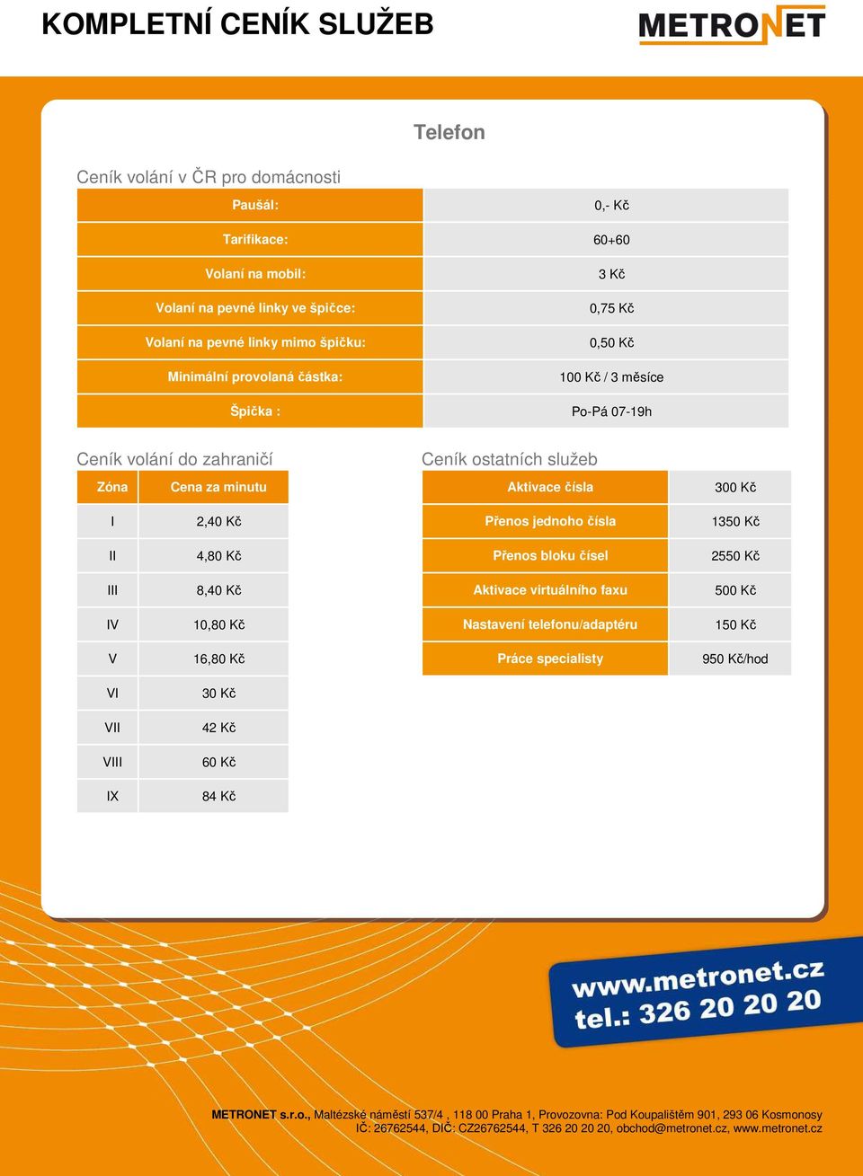 minutu Ceník ostatních služeb Aktivace čísla 300 Kč I 2,40 Kč Přenos jednoho čísla 1350 Kč II 4,80 Kč Přenos bloku čísel 2550 Kč III 8,40 Kč