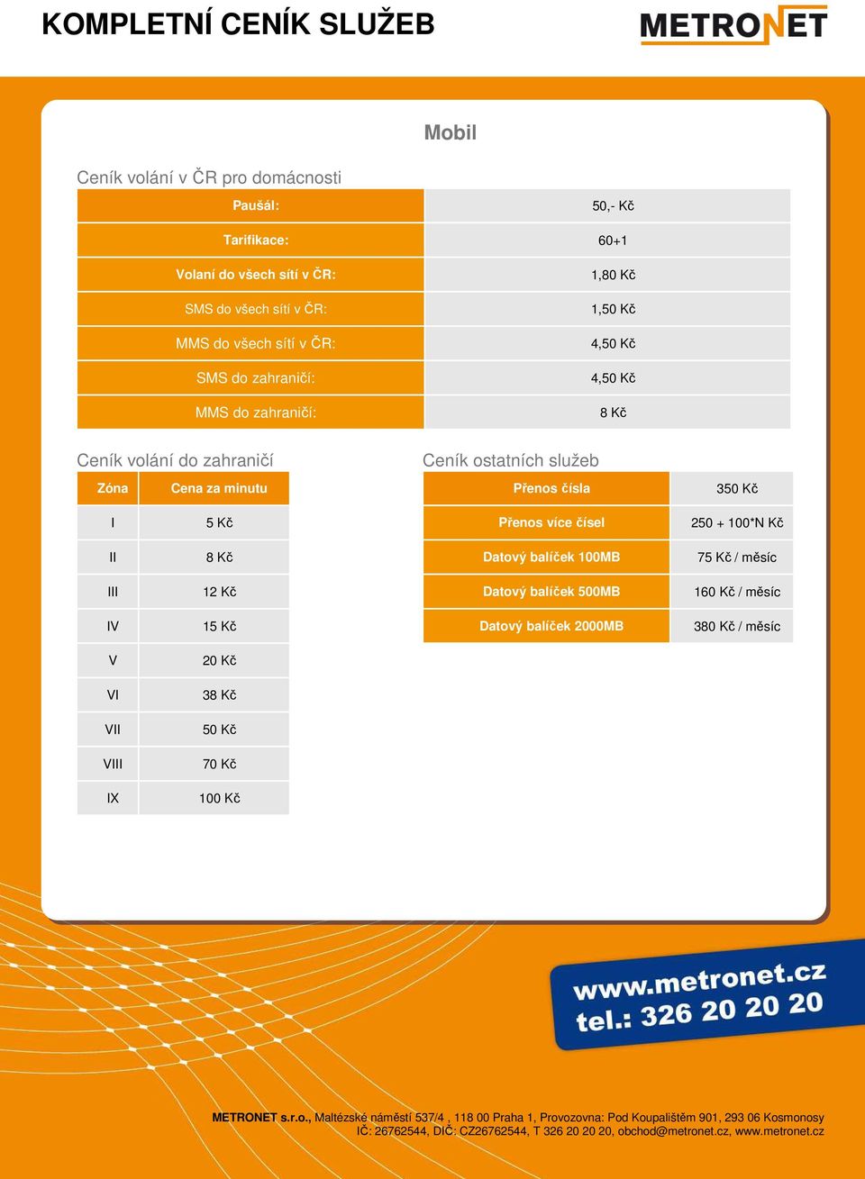 minutu Ceník ostatních služeb Přenos čísla 350 Kč I 5 Kč Přenos více čísel 250 + 100*N Kč II 8 Kč Datový balíček 100MB 75 Kč / měsíc