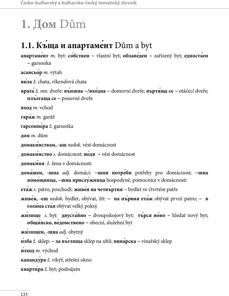 dveře: въ ншна ~/вхо дна ~ domovní dveře; въртя ща се ~ otáčecí dveře; плъ згаща се ~ posuvné dveře вход m. vchod гара ж m. garáž гарсоние ра ž. garsonka дом m. dům домаки нствам, -аш nedok.