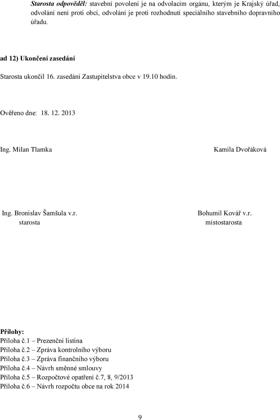 Milan Tlamka Kamila Dvořáková Ing. Bronislav Šamšula v.r. starosta Bohumil Kovář v.r. místostarosta Přílohy: Příloha č.1 Prezenční listina Příloha č.