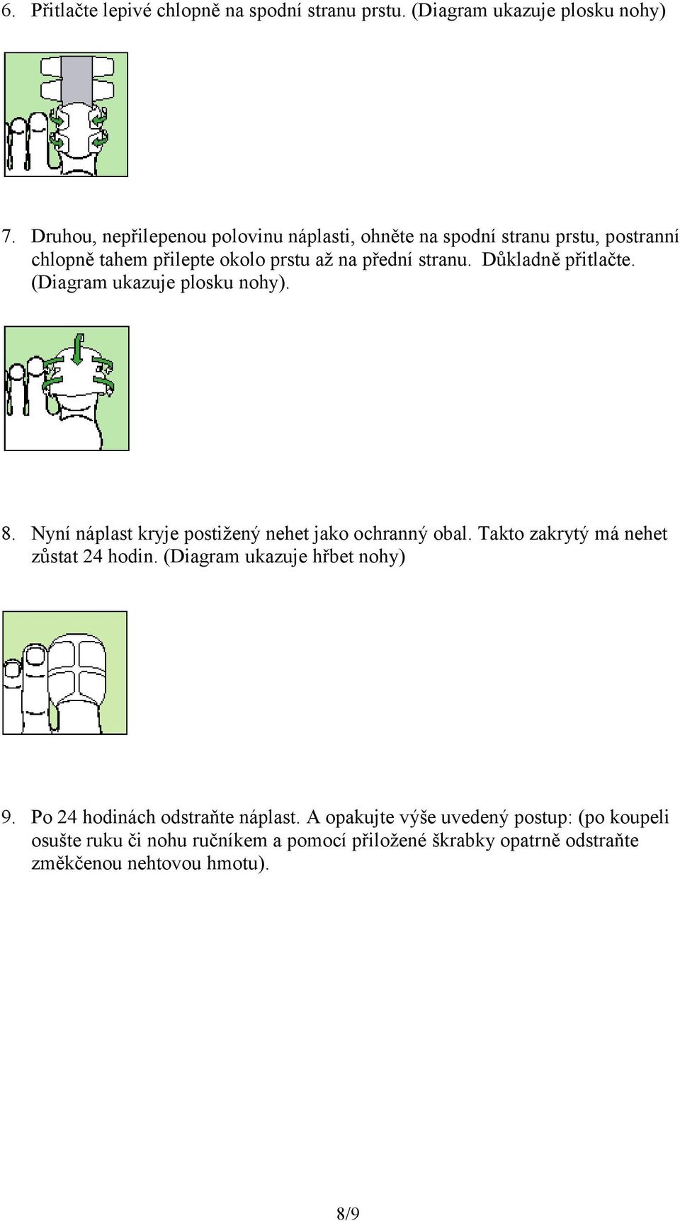 Důkladně přitlačte. (Diagram ukazuje plosku nohy). 8. Nyní náplast kryje postižený nehet jako ochranný obal.