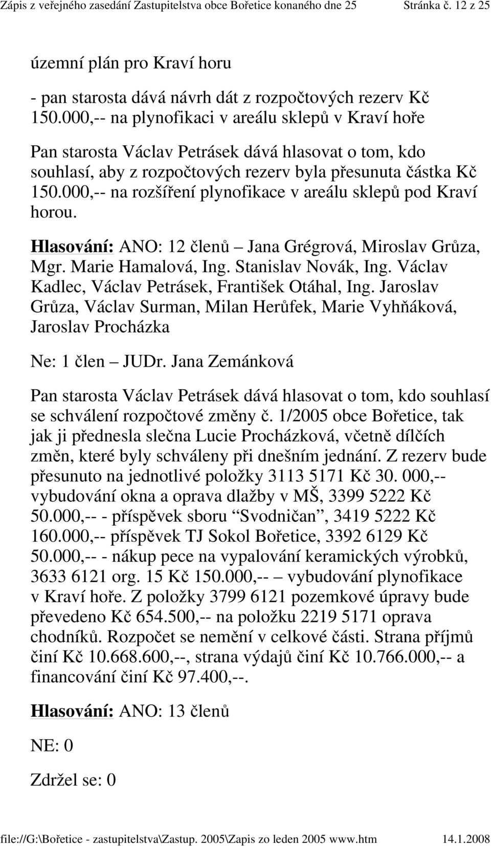 000,-- na rozšíření plynofikace v areálu sklepů pod Kraví horou. Hlasování: ANO: 12 členů Jana Grégrová, Miroslav Grůza, Mgr. Marie Hamalová, Ing. Stanislav Novák, Ing.