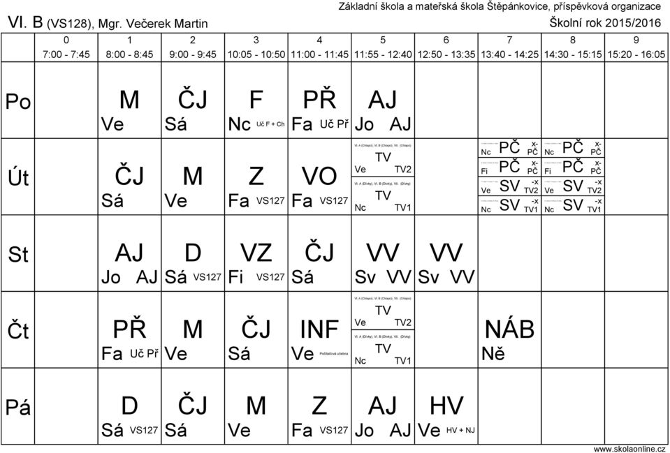 A (ívky), VI. B (ívky), VII. (ívky)sv -x VI. A (Chlapci), VI. B (Chlapci), VII. (Chlapci) x- VI. A (ívky), VI. B (ívky), VII. (ívky) x- VI. A (Chlapci), VI. B (Chlapci), VII. (Chlapci)SV -x VI.