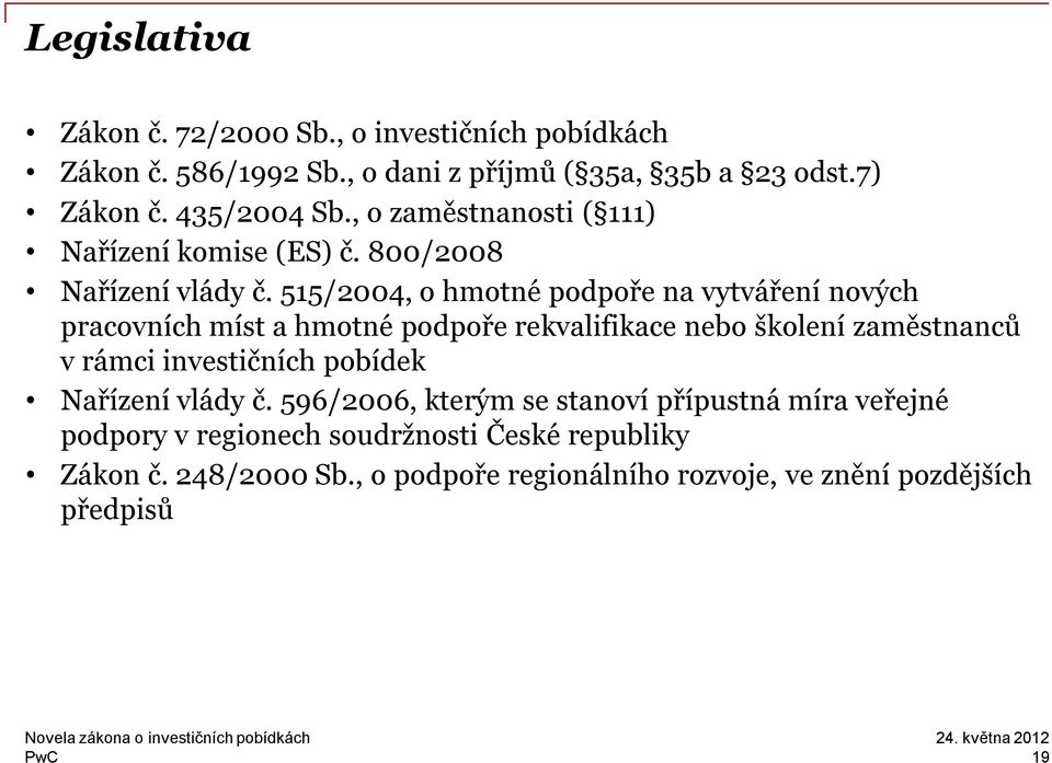 515/2004, o hmotné podpoře na vytváření nových pracovních míst a hmotné podpoře rekvalifikace nebo školení zaměstnanců v rámci investičních