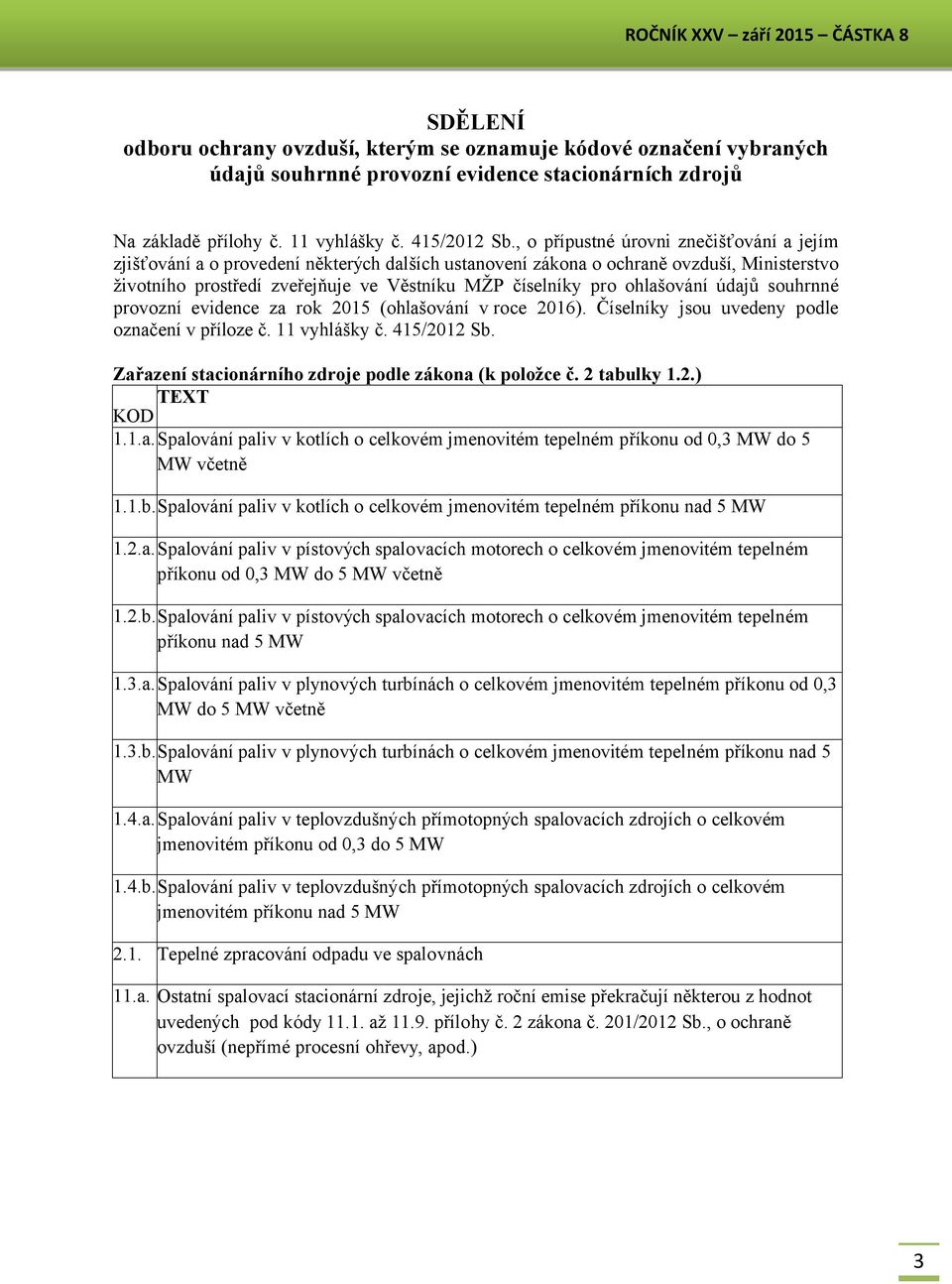 , o přípustné úrovni znečišťování a jejím zjišťování a o provedení některých dalších ustanovení zákona o ochraně ovzduší, Ministerstvo životního prostředí zveřejňuje ve Věstníku MŽP číselníky pro