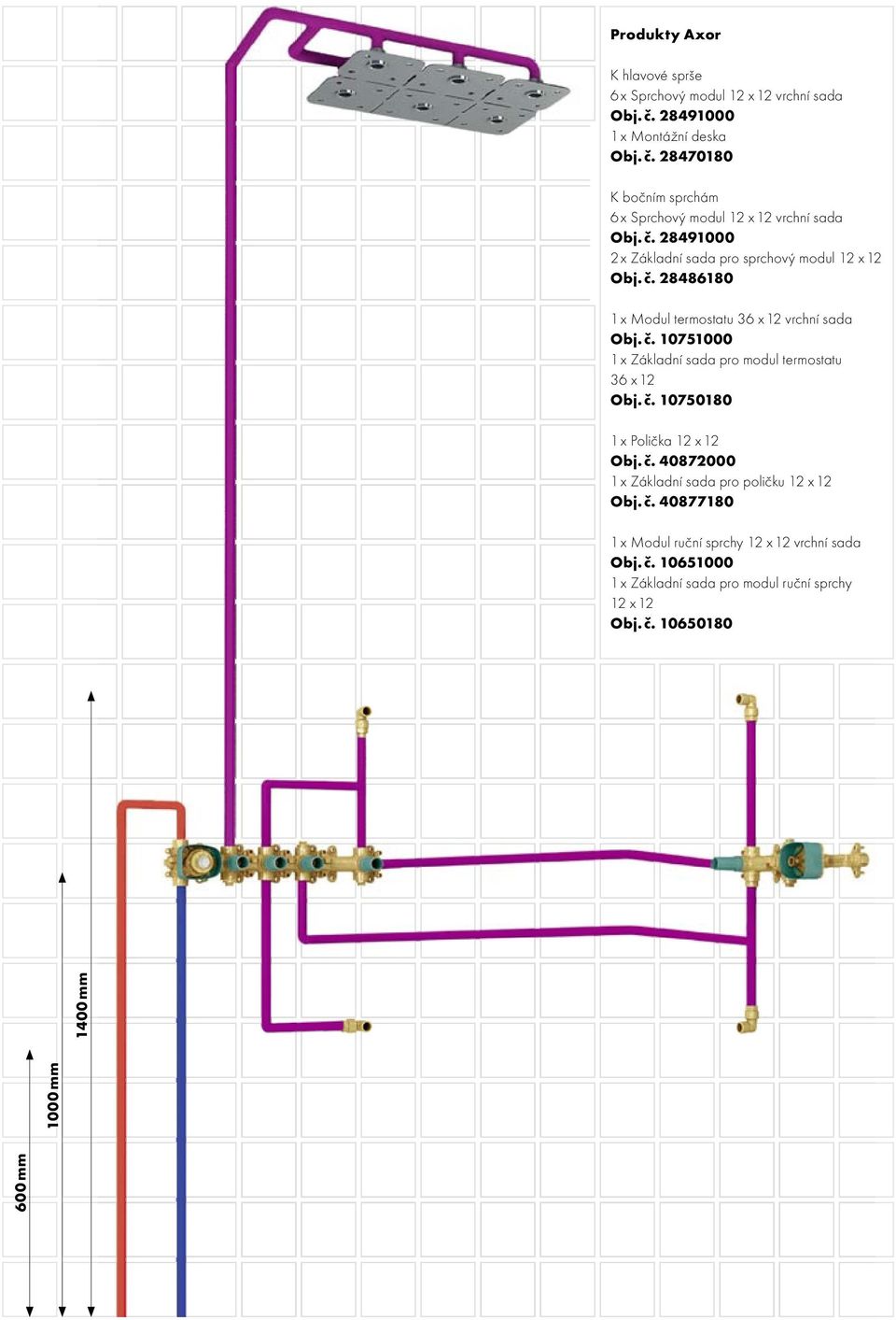 K bočním sprchám 6 x Sprchový modul 12 x 12 vrchní sada Obj. č. 28491000 2 x Základní sada pro sprchový modul 12 x 12 Obj. č. 28486180 1 x Modul termostatu 36 x 12 vrchní sada Obj. č. 10751000 1 x Základní sada pro modul termostatu 36 x 12 Obj.