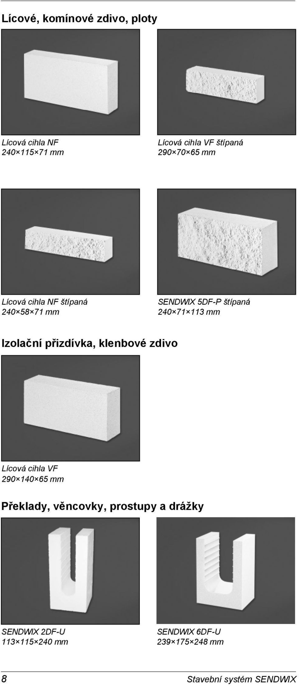 Izolační přizdívka, klenbové zdivo Lícová cihla VF 290 140 65 mm Překlady, věncovky,