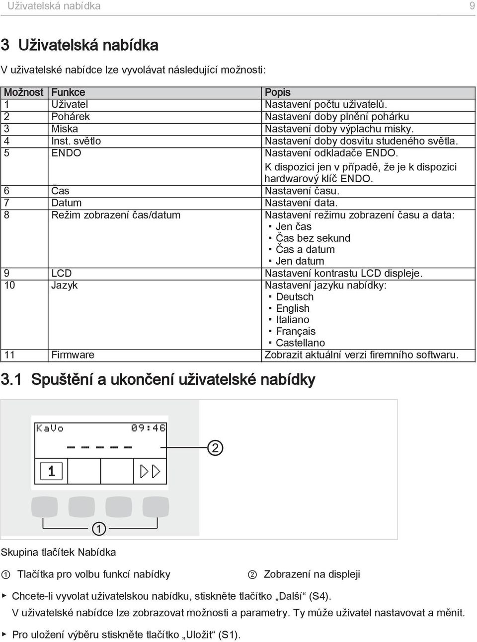 K dispozici jen v případě, že je k dispozici hardwarový klíč ENDO. 6 Čas Nastavení času. 7 Datum Nastavení data.