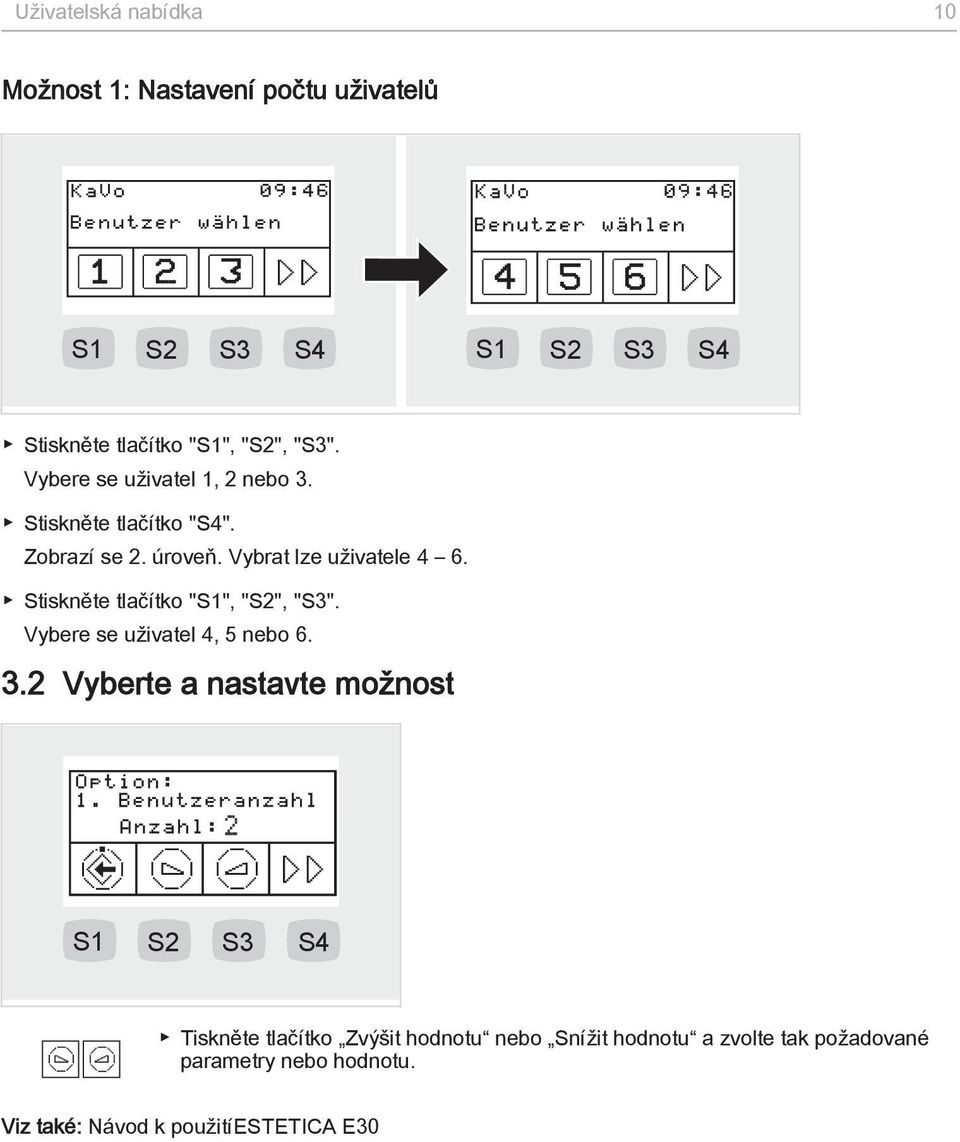 Stiskněte tlačítko "S1", "S2", "S3". Vybere se uživatel 4, 5 nebo 6. 3.