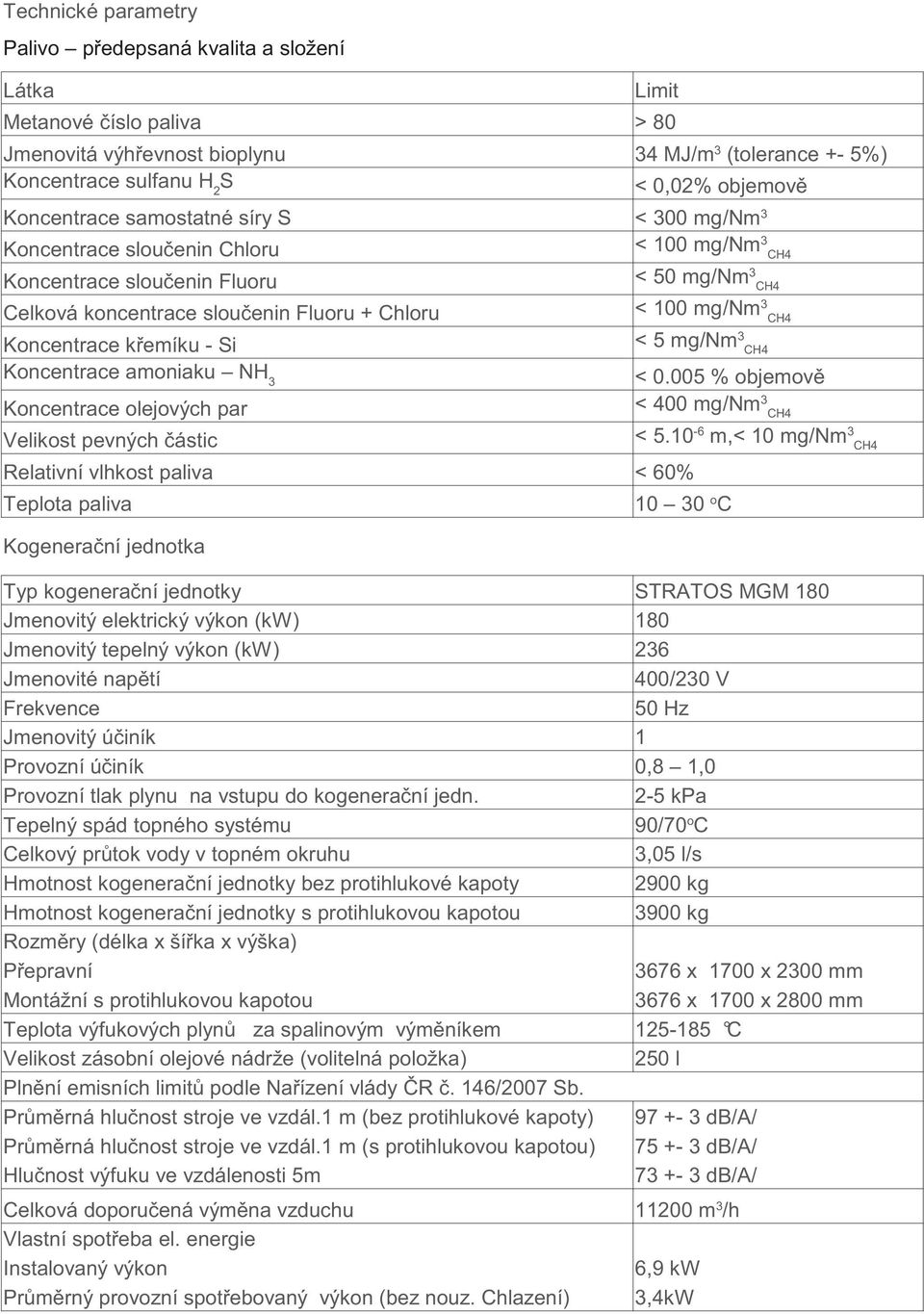 mg/nm 3 CH4 Koncentrace amoniaku NH 3 < 0.005 % objemov Koncentrace olejových par < 400 mg/nm 3 CH4 Velikost pevných ástic < 5.