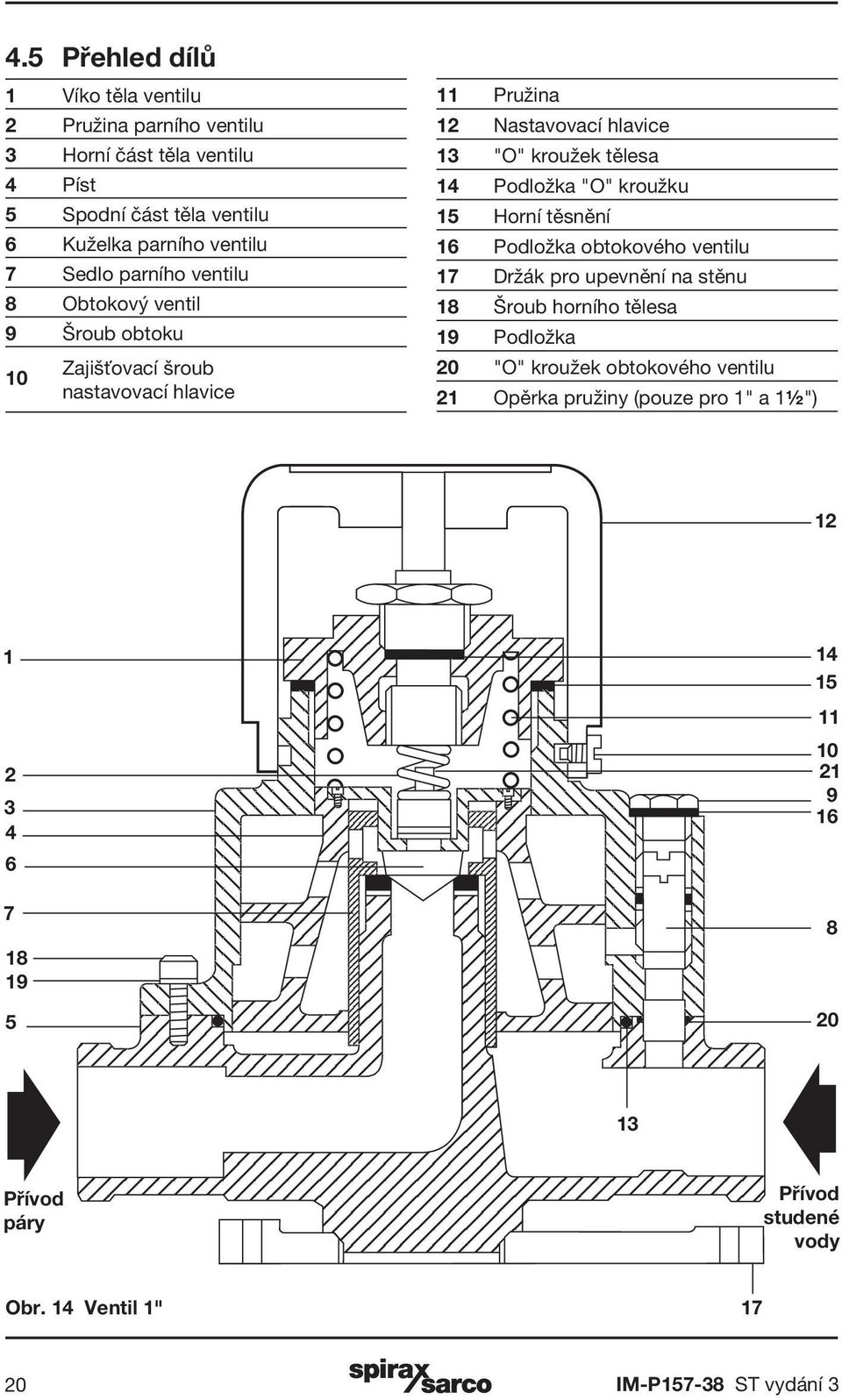 "O" kroužku 15 Horní těsnění 16 Podložka obtokového ventilu 17 Držák pro upevnění na stěnu 18 Šroub horního tělesa 19 Podložka 20 "O" kroužek obtokového ventilu