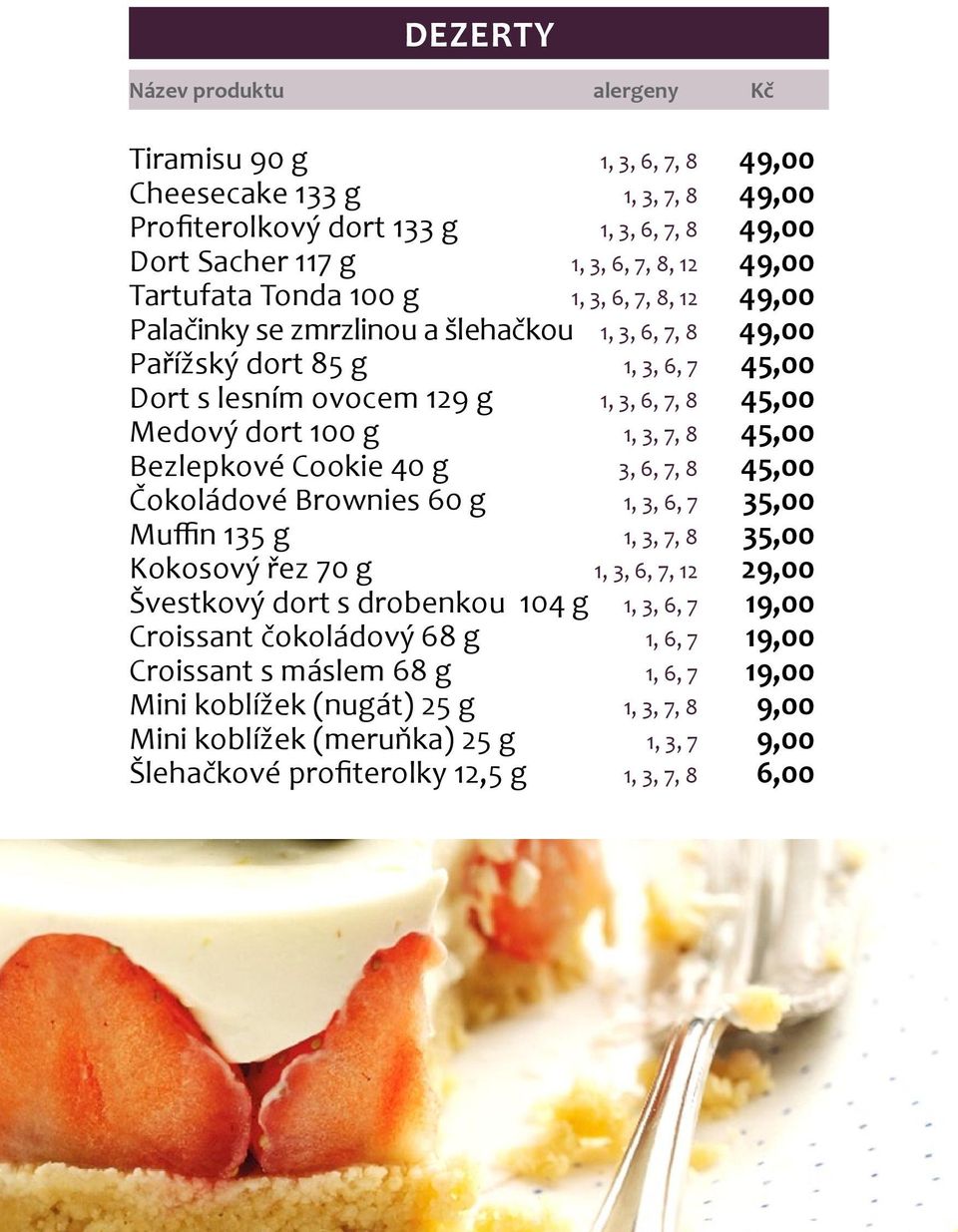 Cookie 40 g 3, 6, 7, 8 45,00 Čokoládové Brownies 60 g 1, 3, 6, 7 35,00 Muffin 135 g 1, 3, 7, 8 35,00 Kokosový řez 70 g 1, 3, 6, 7, 12 29,00 Švestkový dort s drobenkou 104 g 1, 3, 6, 7 19,00