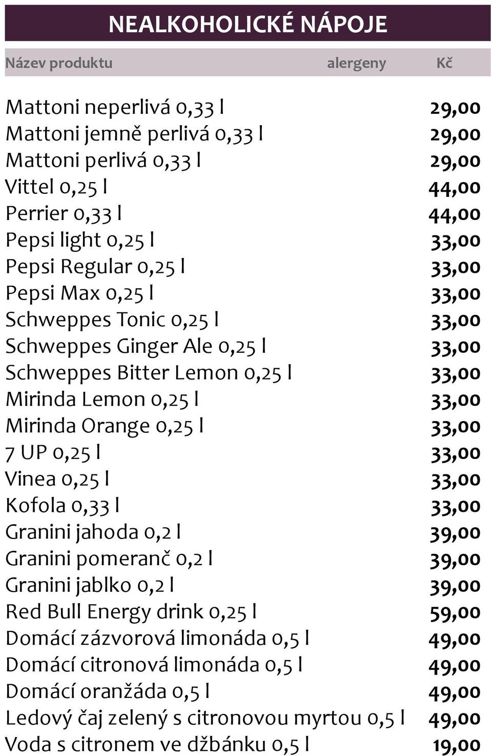 0,25 l 33,00 7 UP 0,25 l 33,00 Vinea 0,25 l 33,00 Kofola 0,33 l 33,00 Granini jahoda 0,2 l 39,00 Granini pomeranč 0,2 l 39,00 Granini jablko 0,2 l 39,00 Red Bull Energy drink 0,25 l 59,00