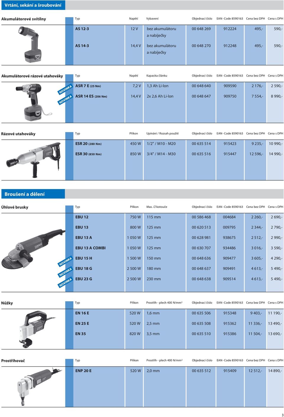 ASR 7 E (25 Nm) 7,2 V 1,3 Ah Li-lon 00 648 640 909590 2 176,- 2 590,- ASR 14 ES (206 Nm) 14,4 V 2x 2,6 Ah Li-lon 00 648 647 909750 7 554,- 8 990,- Rázové utahováky Typ Příkon Upínání / Rozsah použití