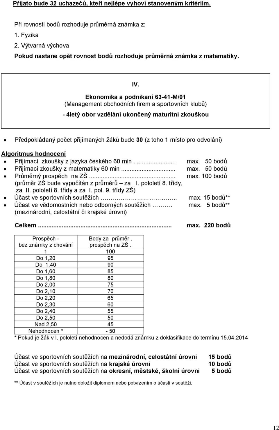 Ekonomika a podnikaní 6-4-M/ (Management obchodních firem a sportovních klubů) - 4letý obor vzdělání ukončený maturitní zkouškou Předpokládaný počet přijímaných žáků bude (z toho místo pro odvolání)