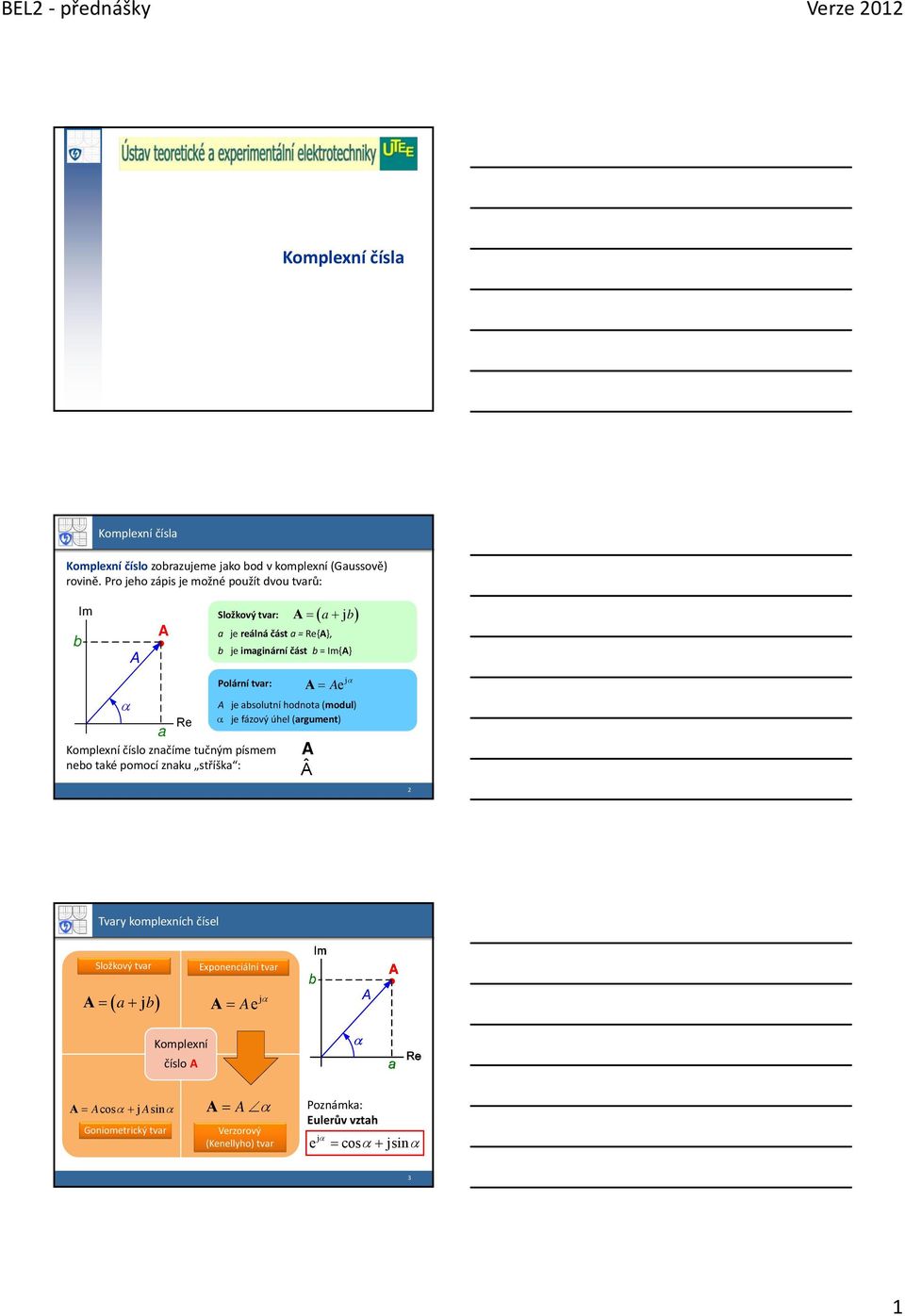 číslo značíme učným písmem nebo aké pomocí znaku sříška : A je absoluní hodnoa (modul) je fázový úhel (argumen) AÂ A a jb j A Ae Tvary