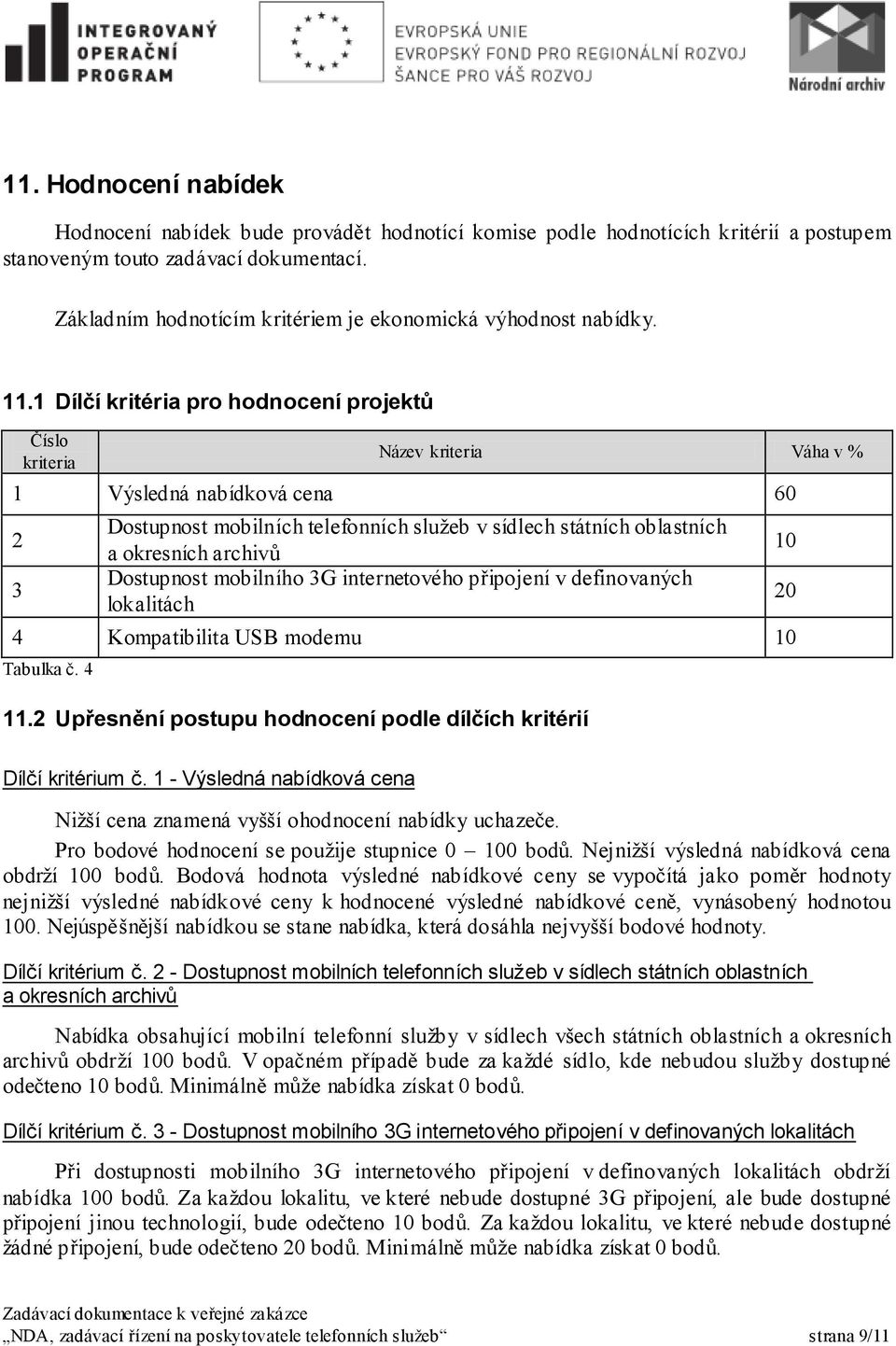 1 Dílčí kritéria pro hodnocení projektů Číslo kriteria Název kriteria Váha v % 1 Výsledná nabídková cena 60 2 Dostupnost mobilních telefonních služeb v sídlech státních oblastních a okresních archivů