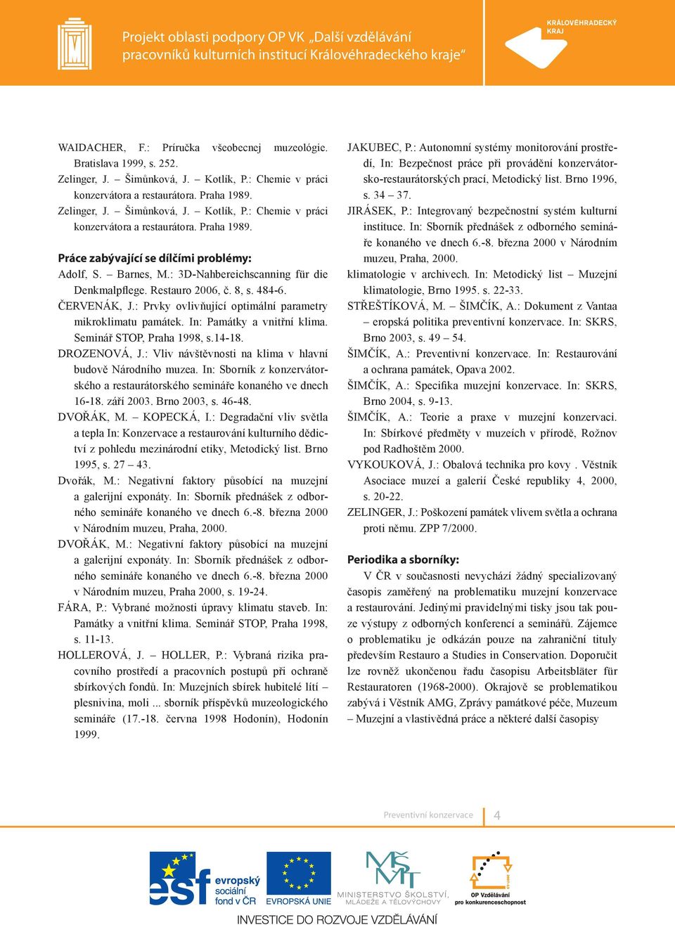 Restauro 2006, č. 8, s. 484-6. ČERVENÁK, J.: Prvky ovlivňující optimální parametry mikroklimatu památek. In: Památky a vnitřní klima. Seminář STOP, Praha 1998, s.14-18. DROZENOVÁ, J.