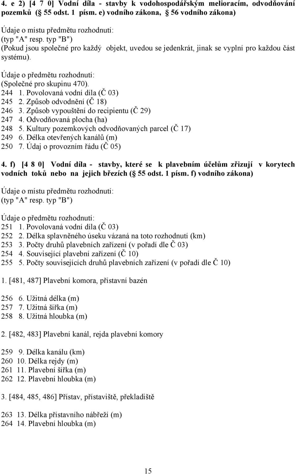 Způsob odvodnění (Č 18) 246 3. Způsob vypouštění do recipientu (Č 29) 247 4. Odvodňovaná plocha (ha) 248 5. Kultury pozemkových odvodňovaných parcel (Č 17) 249 6. Délka otevřených kanálů (m) 250 7.