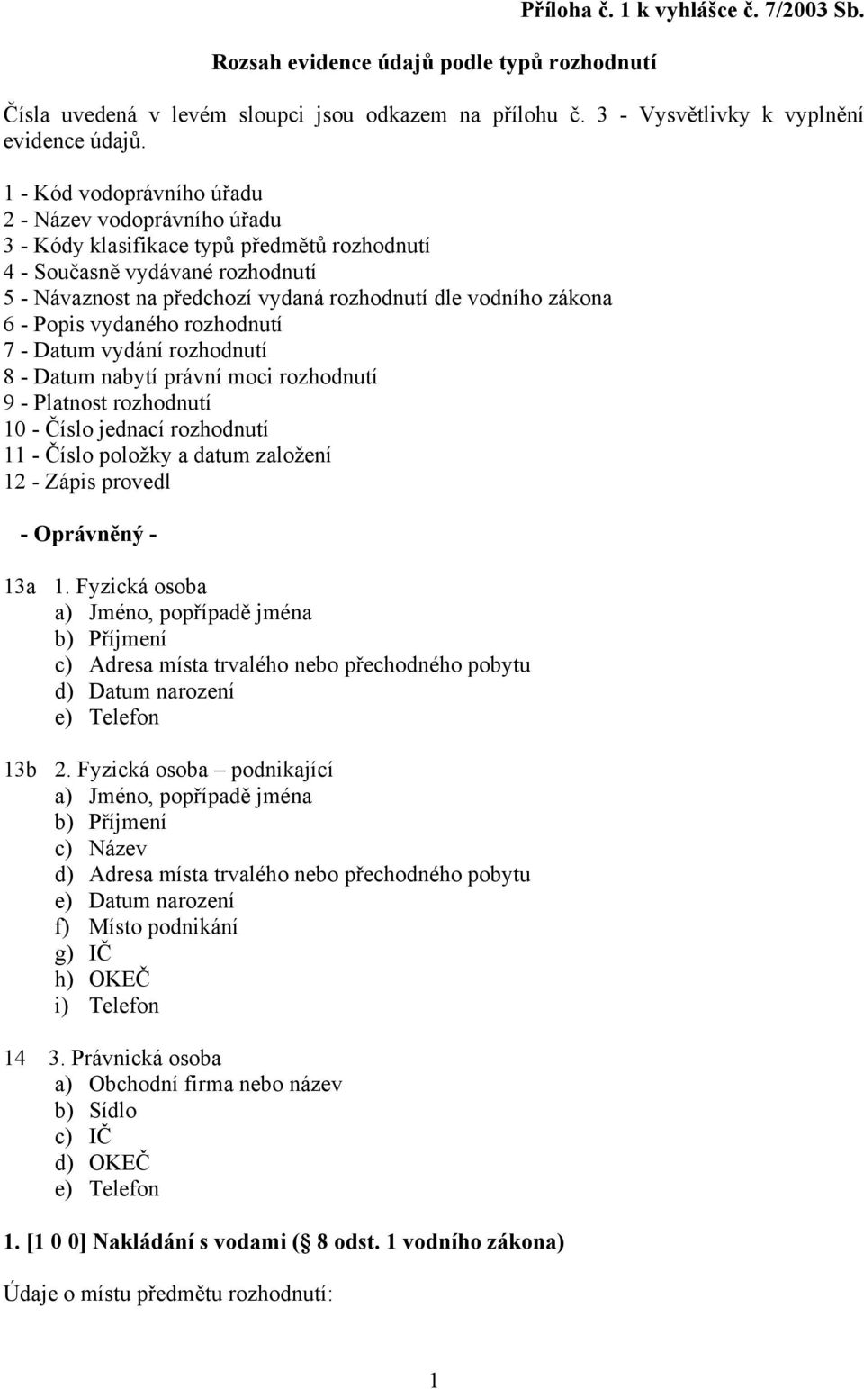 6 - Popis vydaného rozhodnutí 7 - Datum vydání rozhodnutí 8 - Datum nabytí právní moci rozhodnutí 9 - Platnost rozhodnutí 10 - Číslo jednací rozhodnutí 11 - Číslo položky a datum založení 12 - Zápis