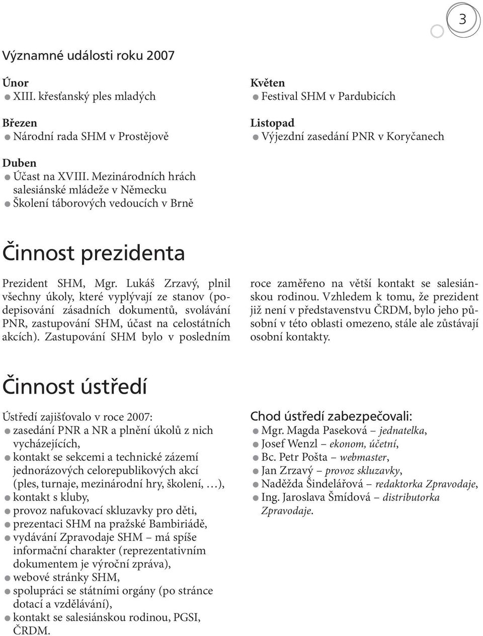 Mezinárodních hrách salesiánské mládeže v Německu Školení táborových vedoucích v Brně Činnost prezidenta Prezident SHM, Mgr.