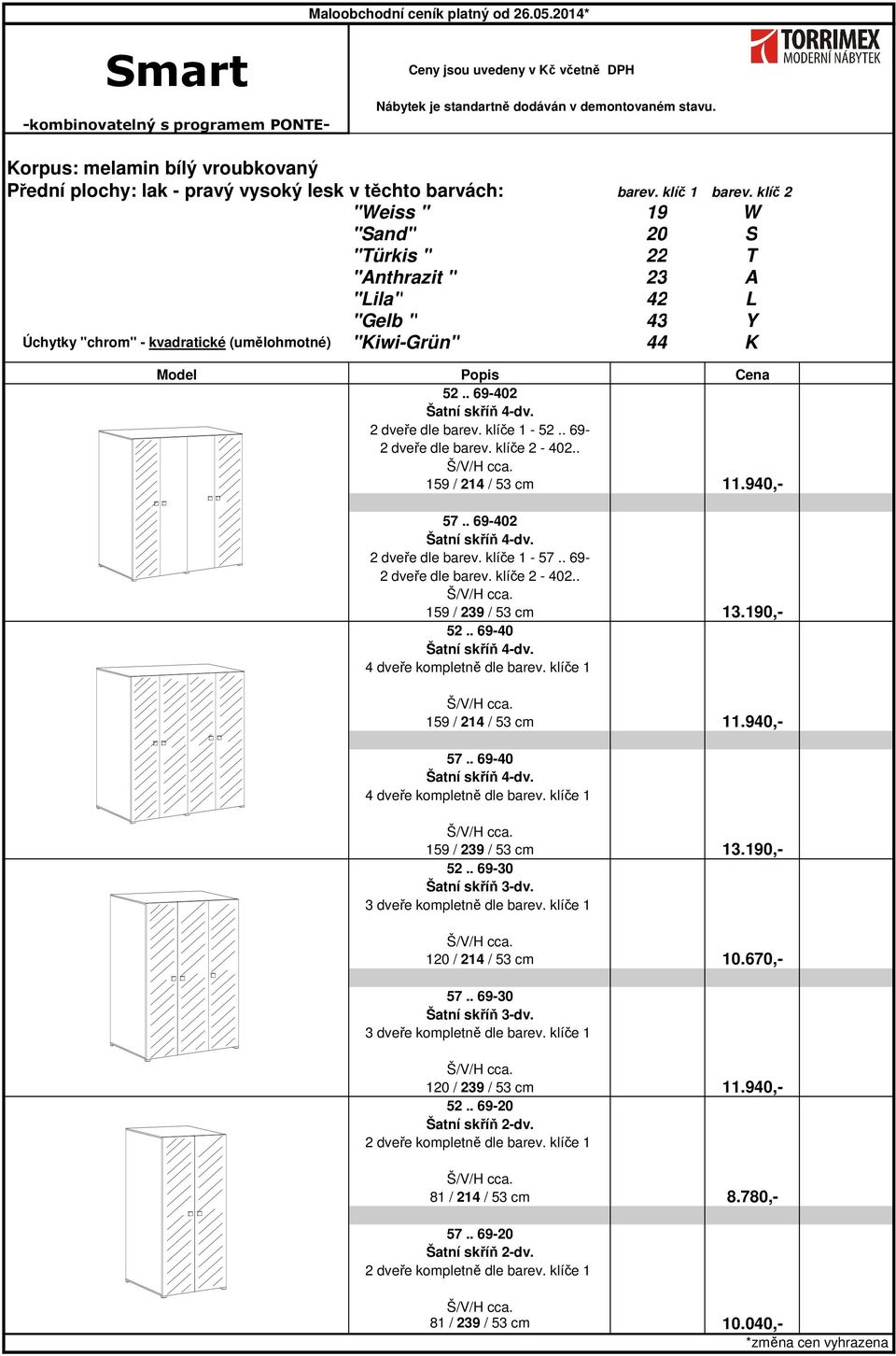 190,- 52.. 69-30 Šatní skříň 3-dv. 3 dveře kompletně dle barev. klíče 1 120 / 214 / 53 cm 10.670,- 57.. 69-30 Šatní skříň 3-dv. 3 dveře kompletně dle barev. klíče 1 120 / 239 / 53 cm 11.940,- 52.