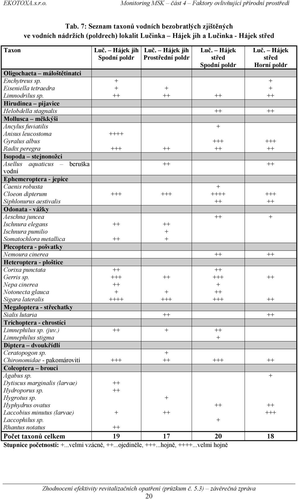 ++ ++ ++ ++ Hirudinea pijavice Helobdella stagnalis ++ ++ Mollusca měkkýši Ancylus fuviatilis + Anisus leucostoma ++++ Gyralus albus +++ +++ Radix peregra +++ ++ ++ ++ Isopoda stejnonožci Asellus