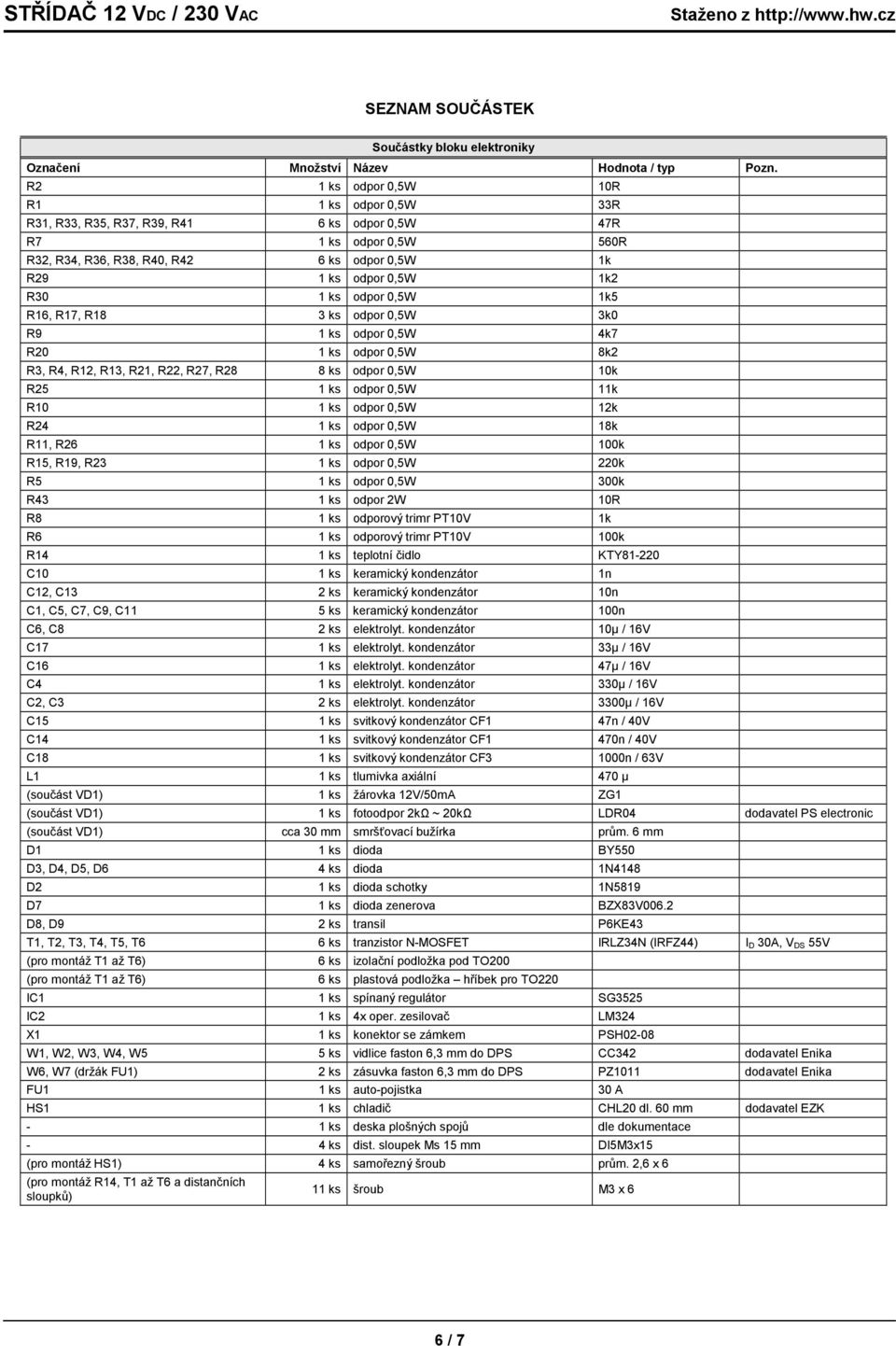 odpor 0,5W 1k5 R16, R17, R18 3 ks odpor 0,5W 3k0 R9 1 ks odpor 0,5W 4k7 R20 1 ks odpor 0,5W 8k2 R3, R4, R12, R13, R21, R22, R27, R28 8 ks odpor 0,5W 10k R25 1 ks odpor 0,5W 11k R10 1 ks odpor 0,5W