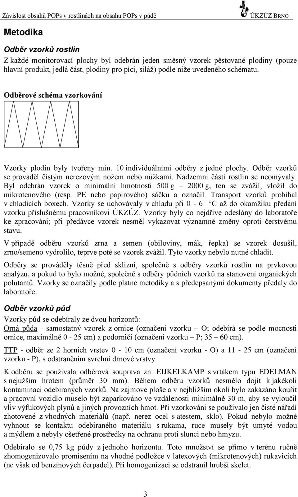 Byl odebrán vzorek o minimální hmotnosti 500 g 2000 g, ten se zvážil, vložil do mikrotenového (resp. PE nebo papírového) sáčku a označil. Transport vzorků probíhal v chladicích boxech.