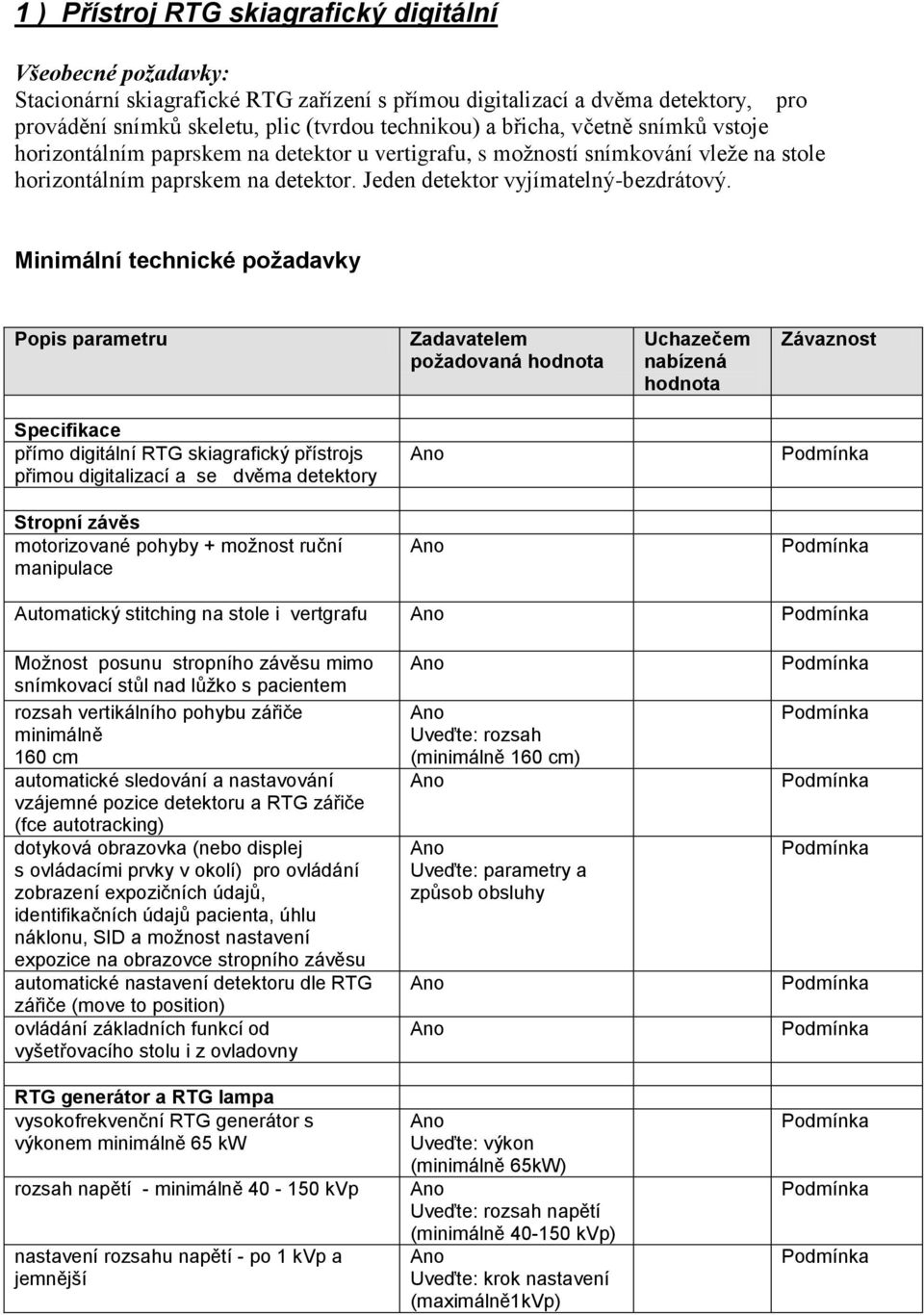 Minimální technické požadavky Popis parametru Zadavatelem požadovaná hodnota Uchazečem nabízená hodnota Závaznost Specifikace přímo digitální RTG skiagrafický přístrojs přimou digitalizací a se dvěma