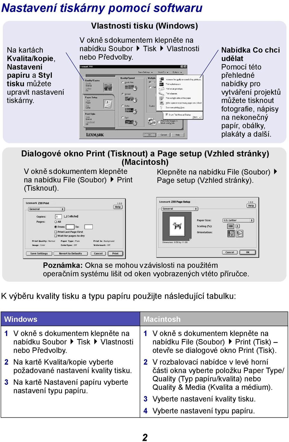 Nabídka Co chci udělat Pomocí této přehledné nabídky pro vytváření projektů můžete tisknout fotografie, nápisy na nekonečný papír, obálky, plakáty a další.