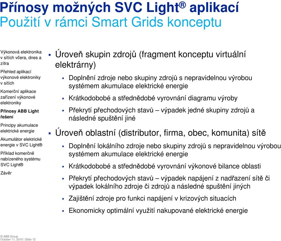 (distributor, firma, obec, komunita) sítě Doplnění lokálního zdroje nebo skupiny zdrojů s nepravidelnou výrobou systémem akumulace Krátkodobobé a střednědobé vyrovnání výkonové bilance oblasti