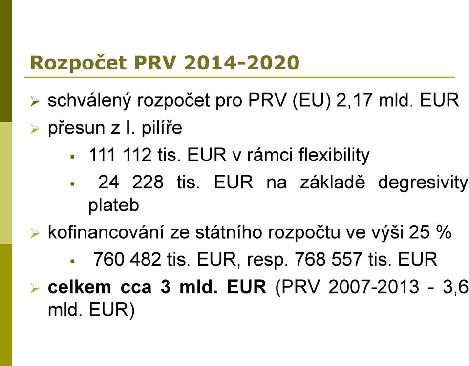 EUR na základě degresivity plateb kofinancování ze státního rozpočtu ve výši