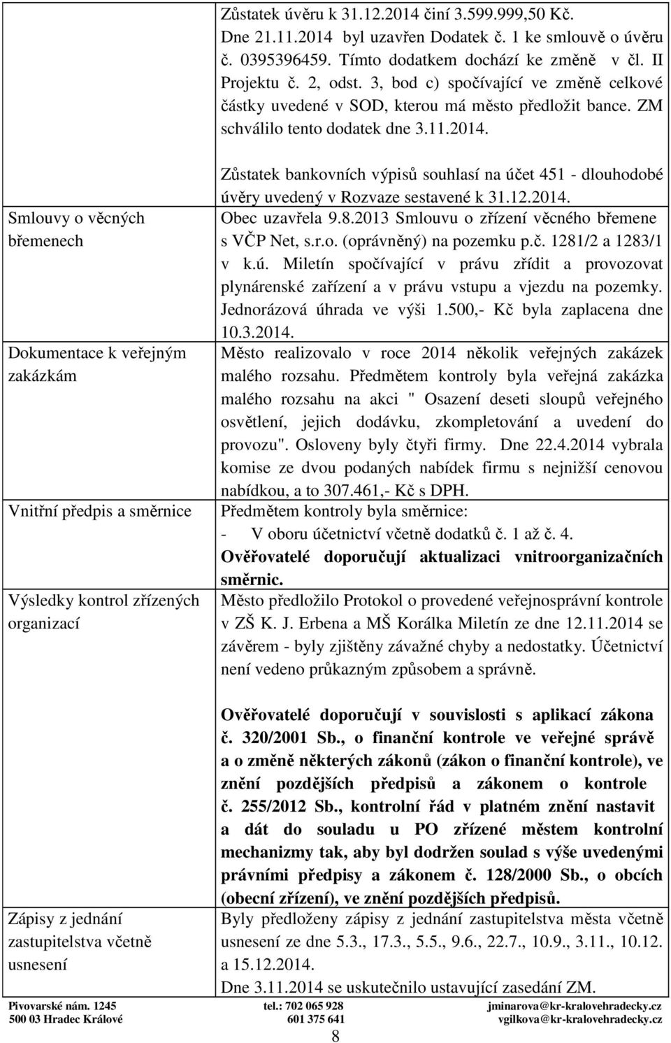 Smluvy věcných břemenech Dkumentace k veřejným zakázkám Vnitřní předpis a směrnice Výsledky kntrl zřízených rganizací Zůstatek bankvních výpisů suhlasí na účet 451 - dluhdbé úvěry uvedený v Rzvaze