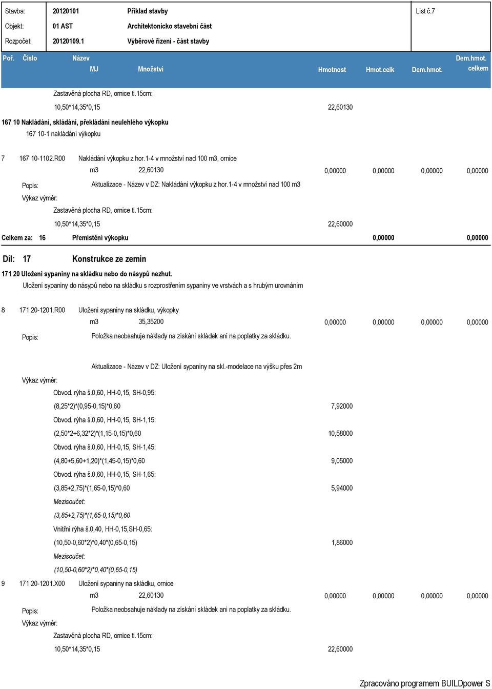 15cm: 10,50*14,35*0,15 22,60000 Celkem za: 16 Přemístění výkopku 0,00000 0,00000 17 Konstrukce ze zemin 171 20 Uložení sypaniny na skládku nebo do násypů nezhut.