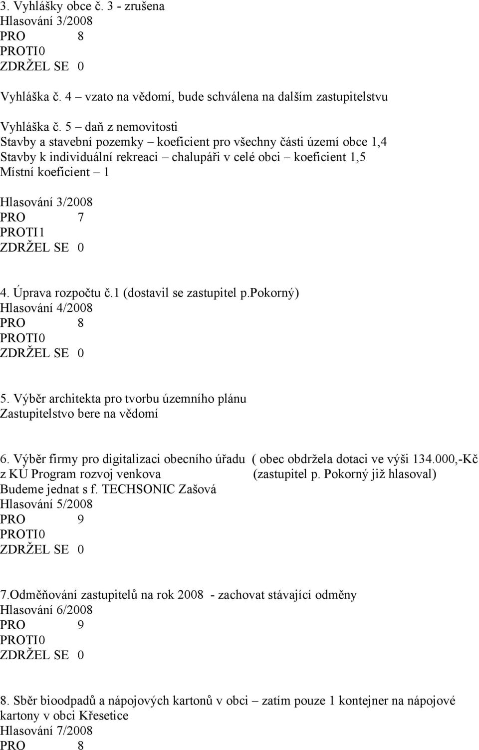 7 PROTI1 4. Úprava rozpočtu č.1 (dostavil se zastupitel p.pokorný) Hlasování 4/2008 5. Výběr architekta pro tvorbu územního plánu Zastupitelstvo bere na vědomí 6.