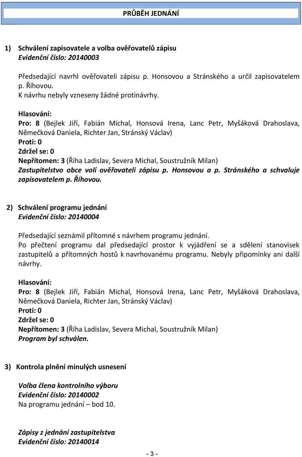 Hlasování: Pro: 8 (Bejlek Jiří, Fabián Michal, Honsová Irena, Lanc Petr, Myšáková Drahoslava, Němečková Daniela, Richter Jan, Stránský Václav) Proti: 0 Zdržel se: 0 Nepřítomen: 3 (Říha Ladislav,