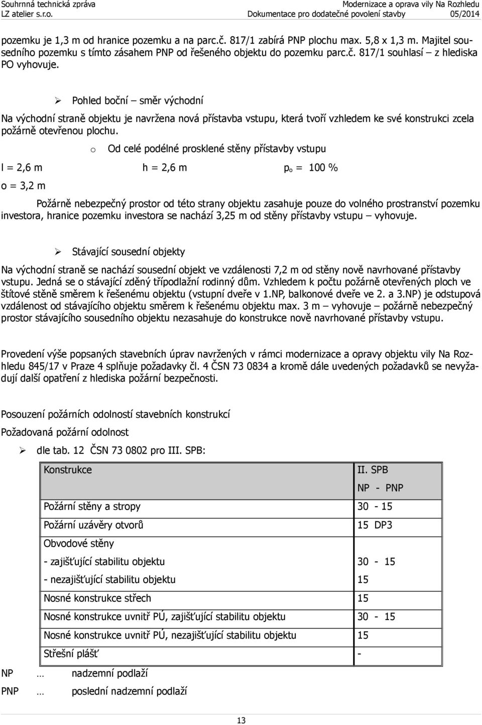 o Od celé podélné prosklené stěny přístavby vstupu l = 2,6 m h = 2,6 m p o = 100 % o = 3,2 m Požárně nebezpečný prostor od této strany objektu zasahuje pouze do volného prostranství pozemku