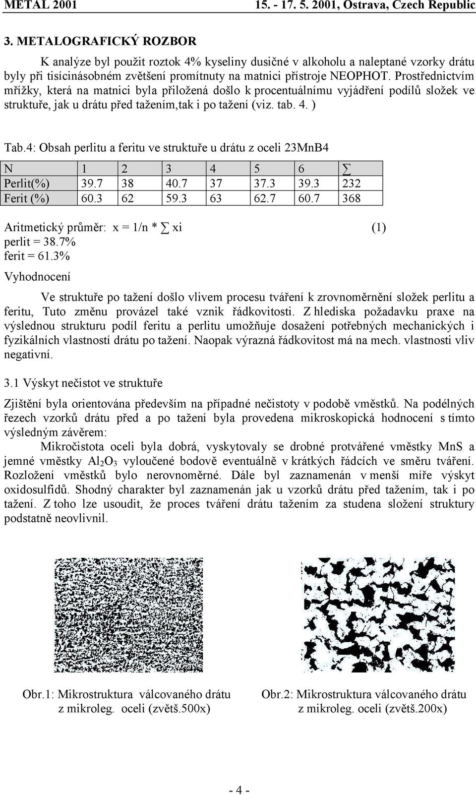 4: Obsah perlitu a feritu ve struktuře u drátu z oceli 23MnB4 N 1 2 3 4 5 6 Perlit(%) 39.7 38 40.7 37 37.3 39.3 232 Ferit (%) 60.3 62 59.3 63 62.7 60.